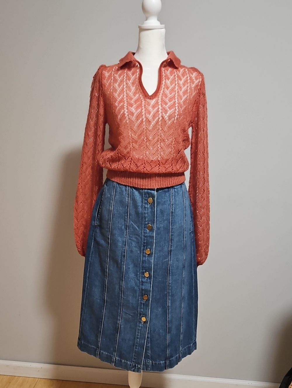 Beautiful Openwork V-Neck Collared Women's Vintage Sweater. The Sweater Only.